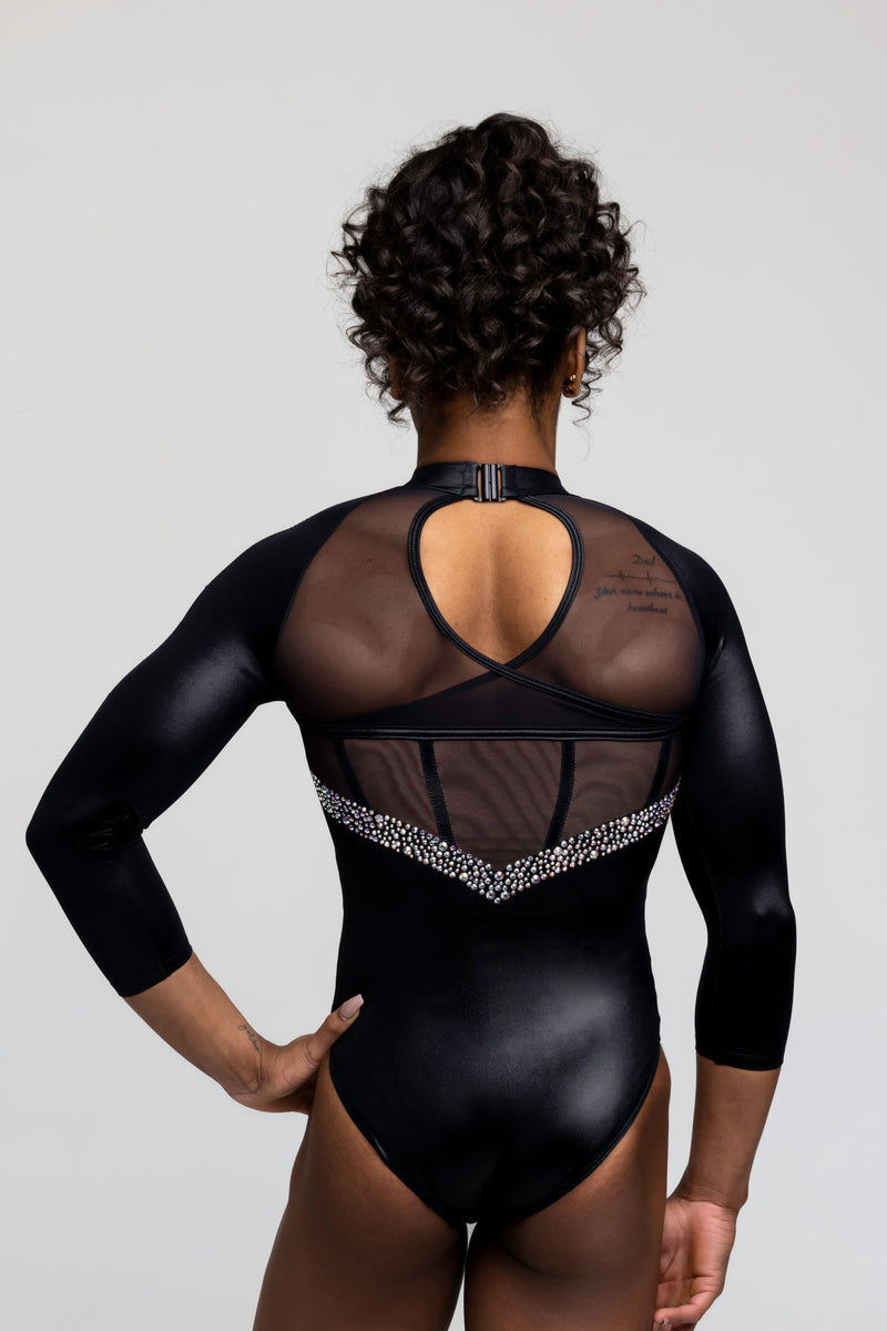 Women's Black Bodysuit Practice Top with Illusion Neckline, Large